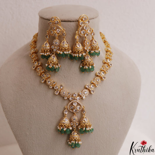 Sparkling Floral Motifs Gold-Tone CZ Necklace With Green Bead Drops NC3017