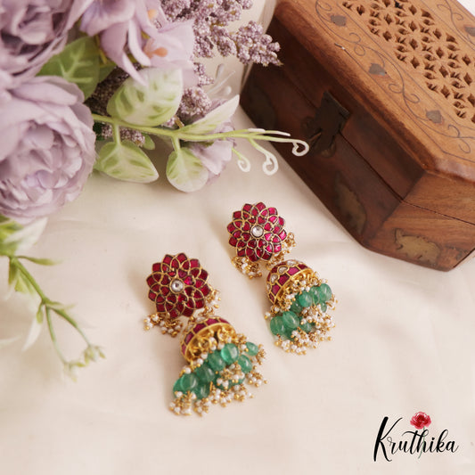 Premium Floral Jhumka Jadau Earrings With Bead And Pearl Drops E836