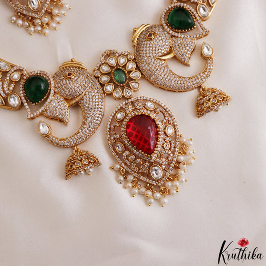 Stunning Elephant Motifs Polki CZ Victorian Necklace With Pearl Drops NC3276