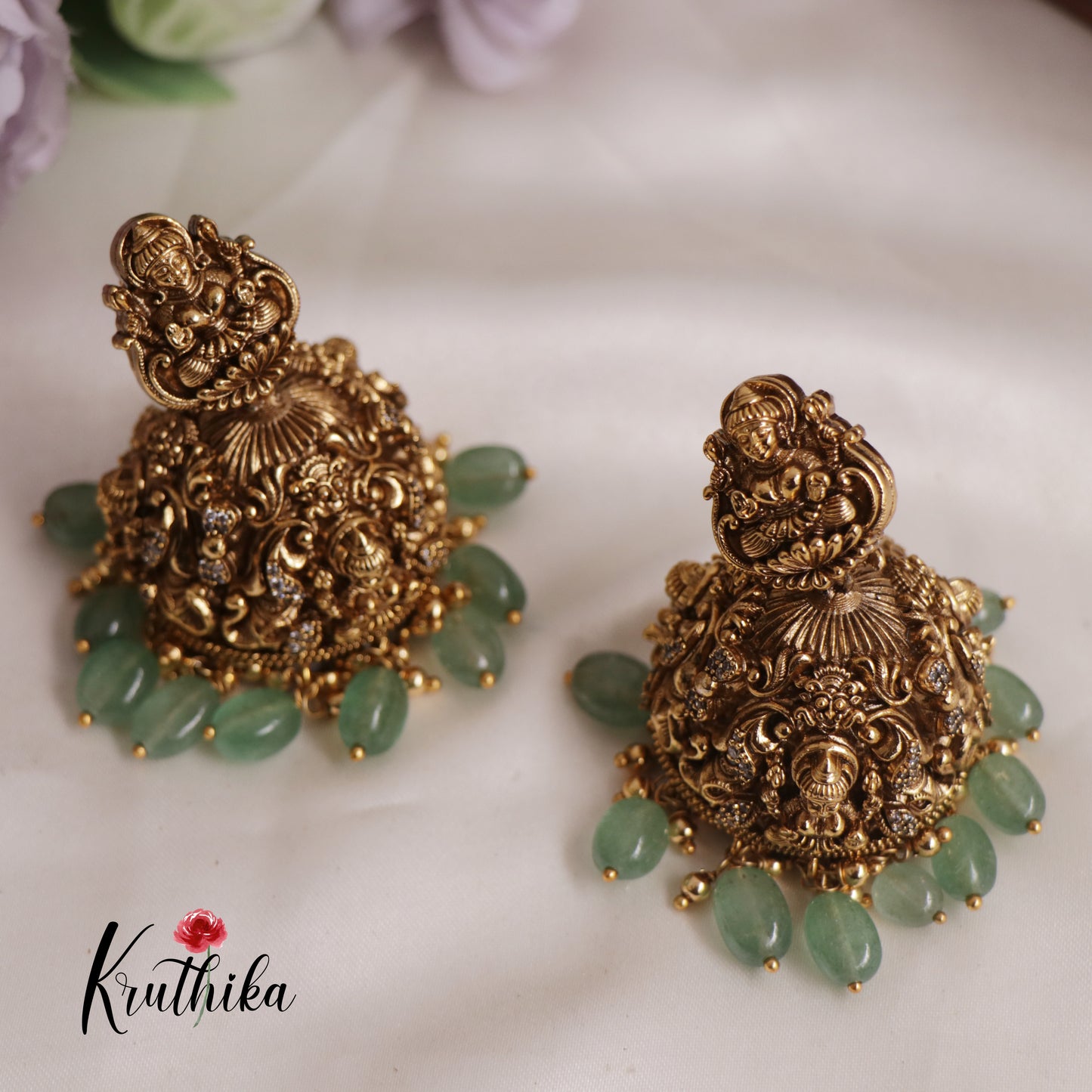 Premium AD Lakshmi Jhumkas with Green Beads Drops E700