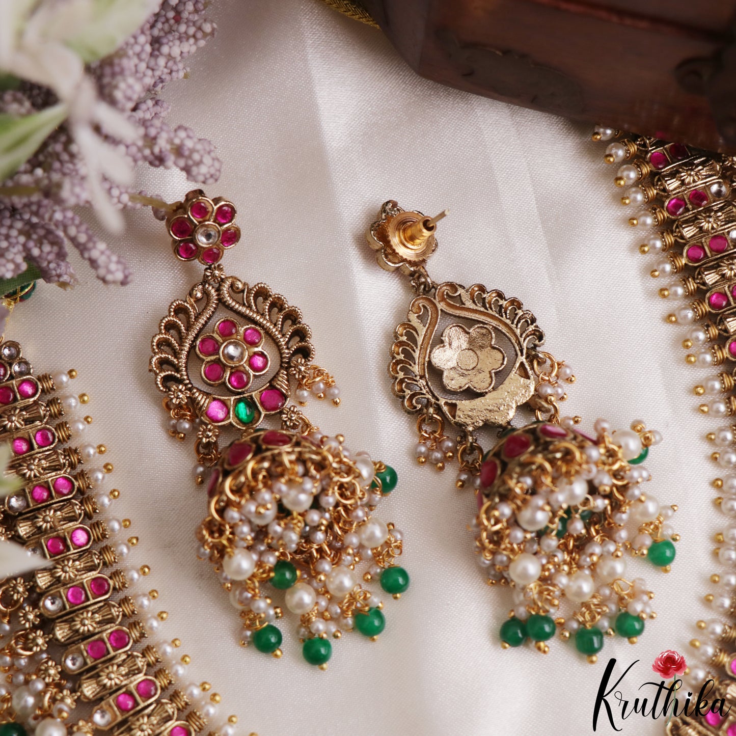Stunning Peacock Floral Motifs Jadau Necklace With Pearl Bead Drops NC3144
