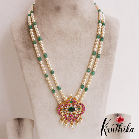 Elegant Floral Motifs Double Strand Pearl Bead Jadau Haaram LH2084