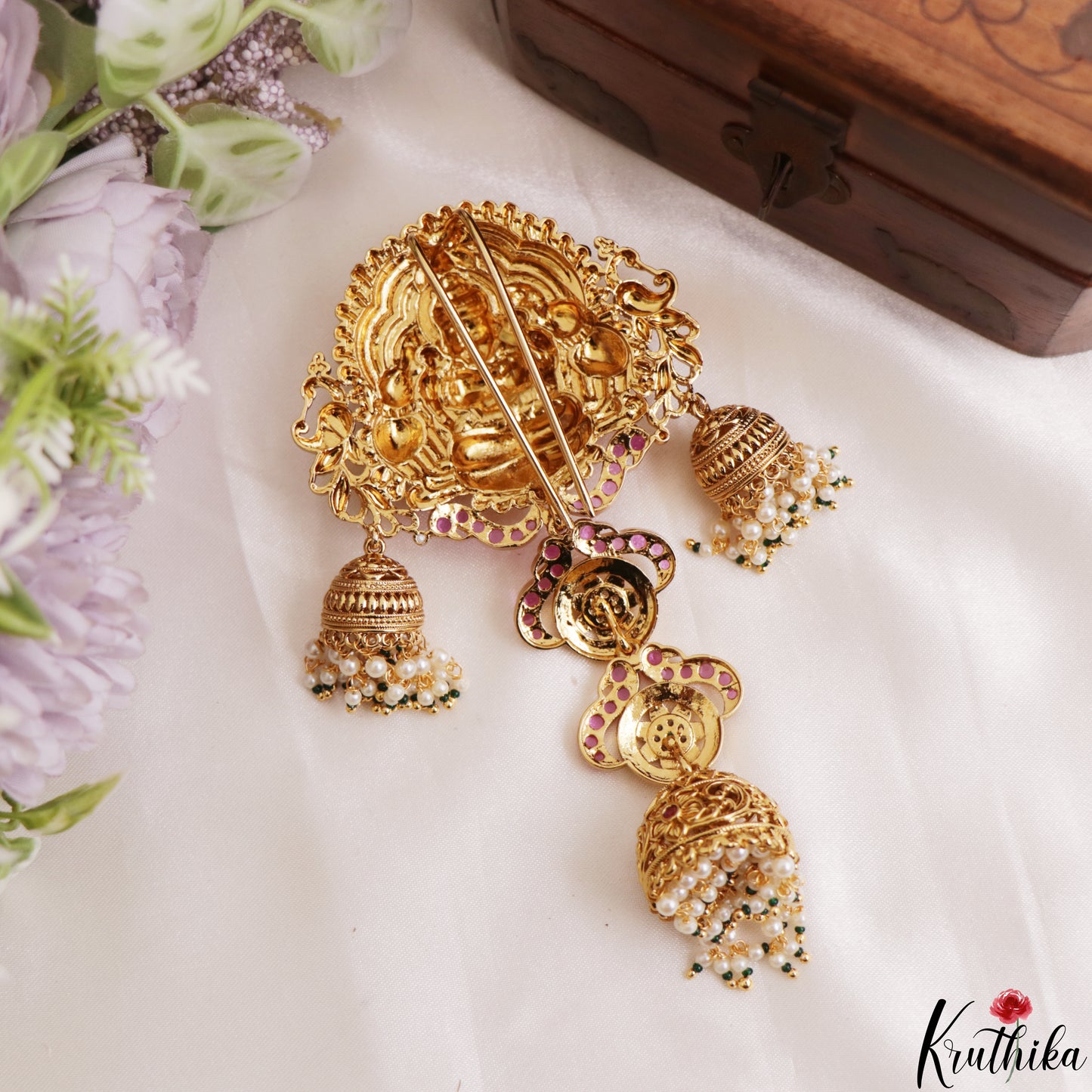 Classic Antique Nagas Lakshmi Peacock Motifs Jhumka Jada Billa With Pear Bead Drops J436 (Available In 2 Colors)