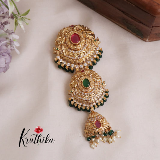 Premium AD Peacock Design Kundan Jada Billa with Crystal Beads J161 (Available in 2 Colours)