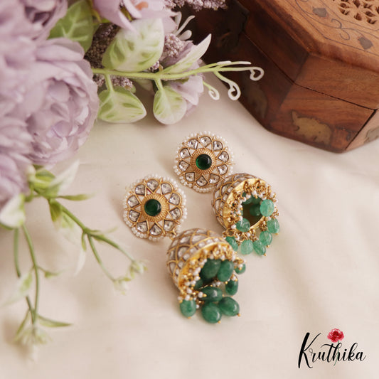 Stunning Floral Motifs Jhumka Kundan Jadau Earrings With Pearl And Bead Drops E852