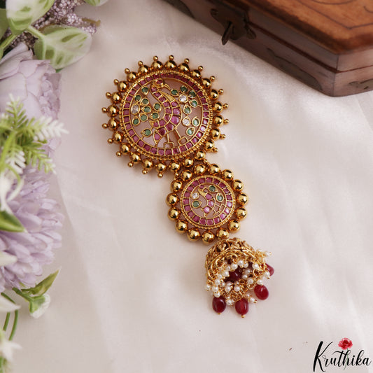 Stunning Kemp Peacock Motifs Jhumka Jada Billa With Bead Drops J435 (Available In 2 Colors)