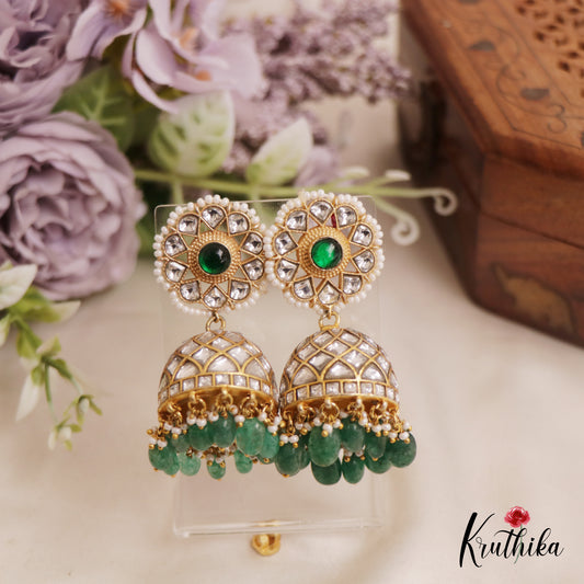 Stunning Floral Motifs Jhumka Kundan Jadau Earrings With Pearl And Bead Drops E852