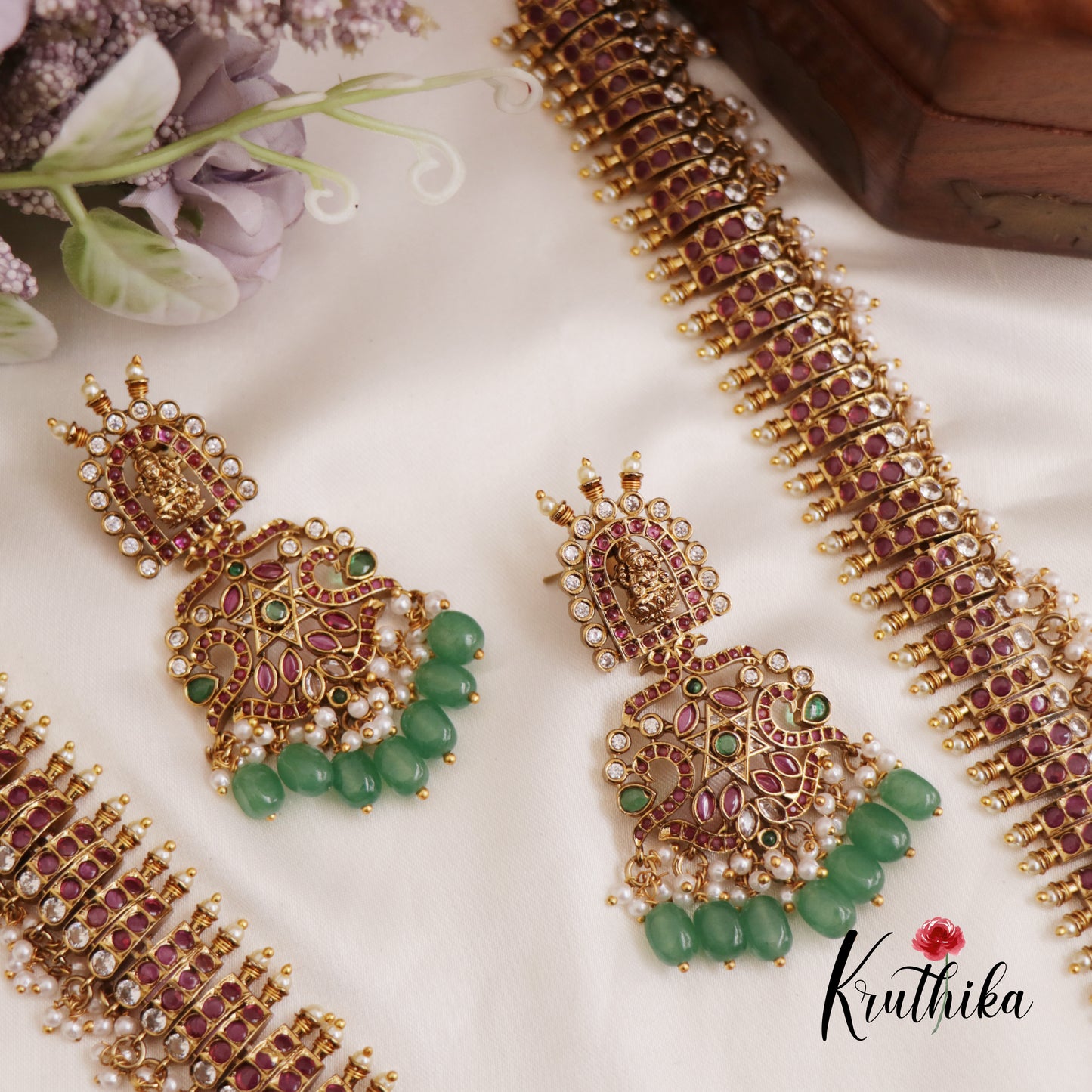 Premium Lakshmi Peacock Motifs Kemp Necklace With Green Bead Drops LH2036