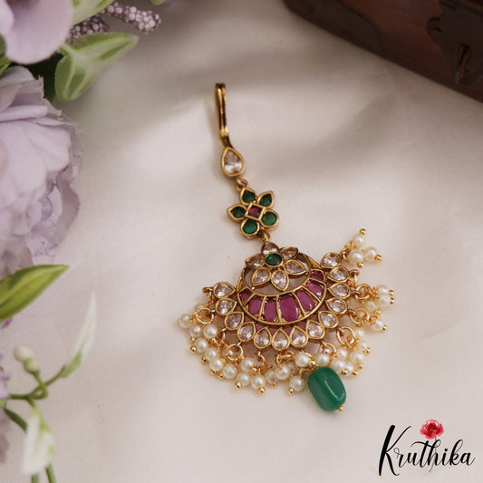 Beautiful Floral Motifs Jadau Maang Tikka With Pearl And Bead Drops MT341