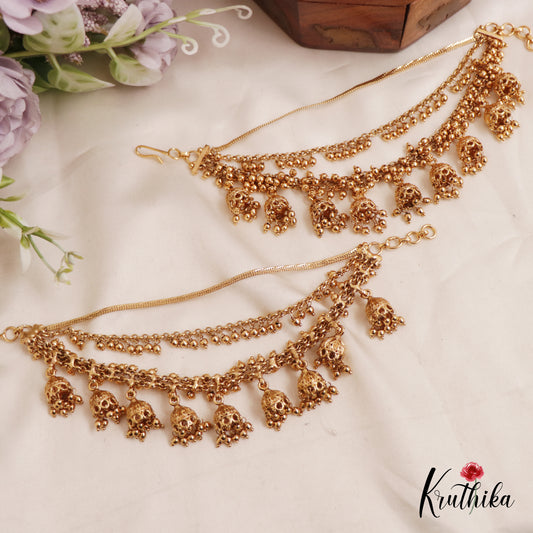 Gorgeous Triple Strand Earchains With Jhumkas And Golden Beads EC155