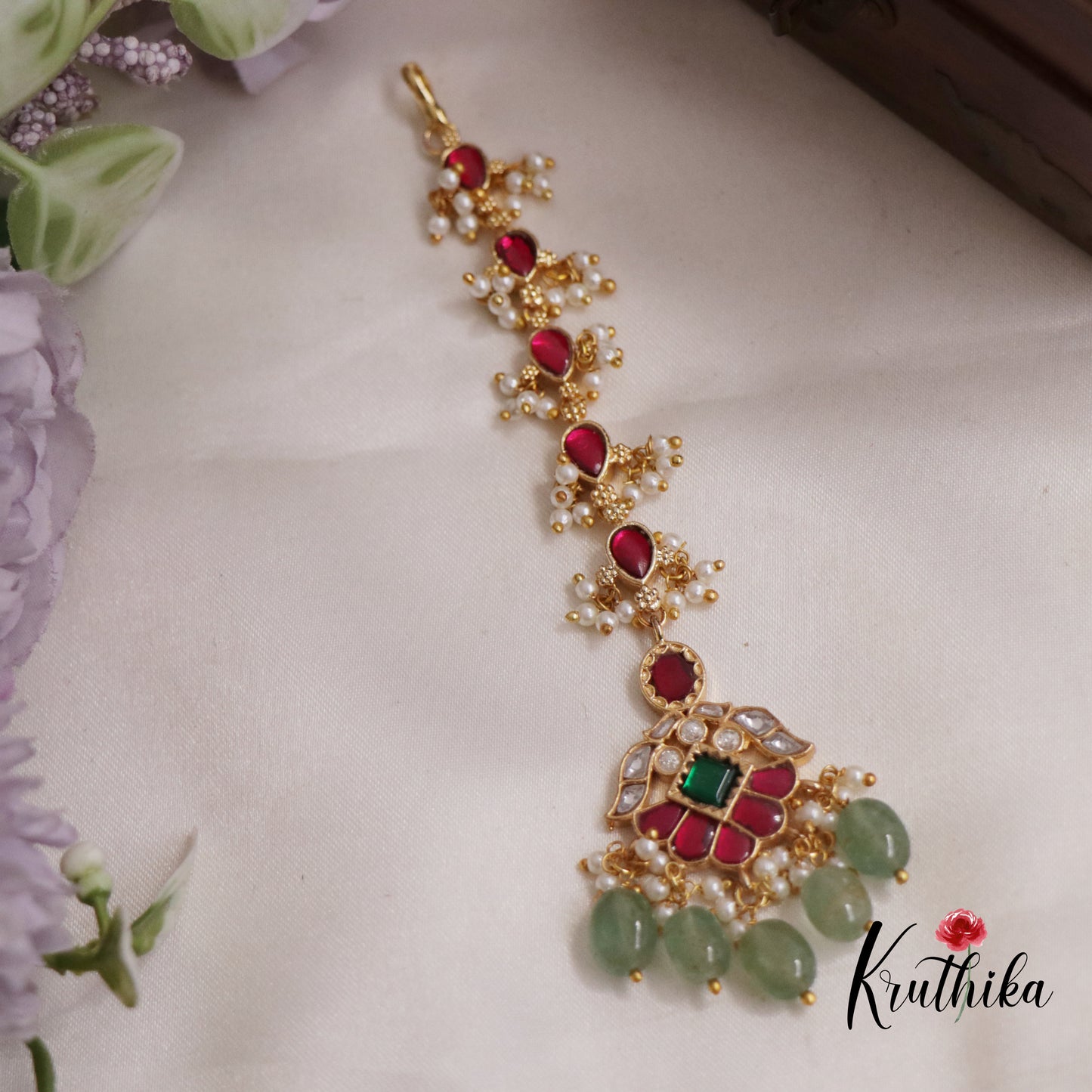 Gorgeous Jadau Maang Tikka with Pastel Green Beads MT287