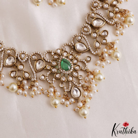 Elegant Teardrop Motifs Polki CZ Victorian Necklace With Pearl Drops NC3161