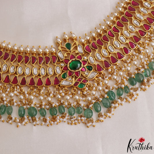 Premium Floral Motifs Jadau Haaram With Green Bead Drops NC3105