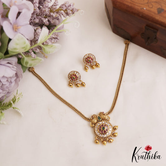 Classic Floral Peacock Motifs AD Pendant Chain Set NC2874