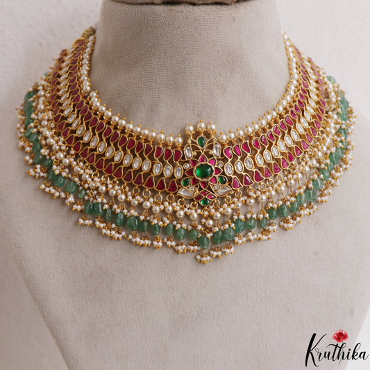 Premium Floral Motifs Jadau Haaram With Green Bead Drops NC3105
