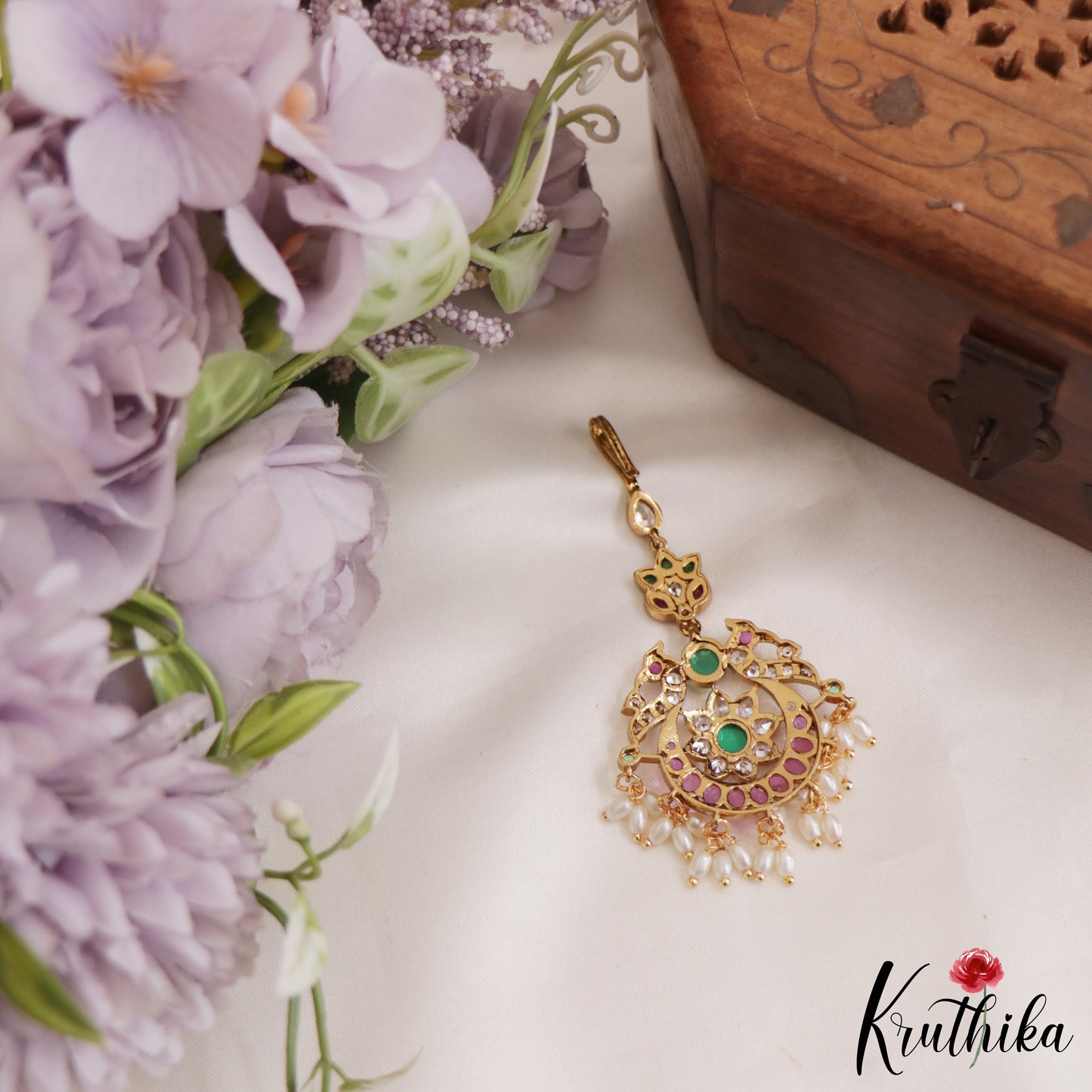 Beautiful Floral Peacock Motifs kemp Maang Tikka With Pearl Drops MT342
