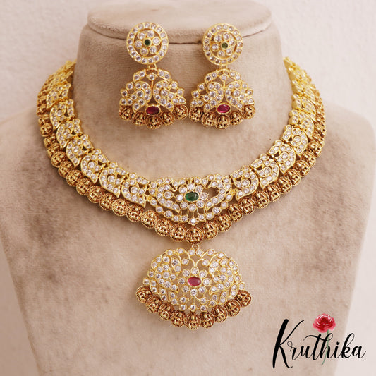 Traditional Antique Lakshmi Peacock Motifs AD Kasu Necklace NC2848