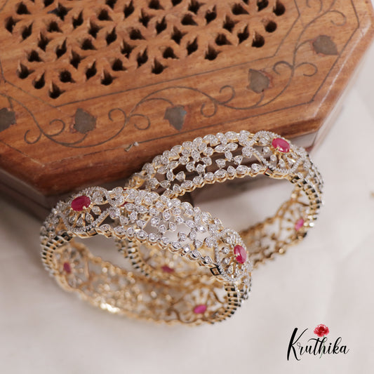 Elegant AD Gold Finish Floral Bangles B335 (Set Of 2 Bangles)