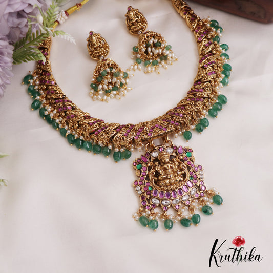 Grand Antique Nagas Lakshmi Necklace With Three Interchangeable Pendants And Green Bead Drops NC2730