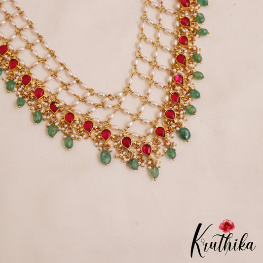 Elegant Teardrop Motifs Multi Strand Pearl Necklace With Green Bead Drops NC2859