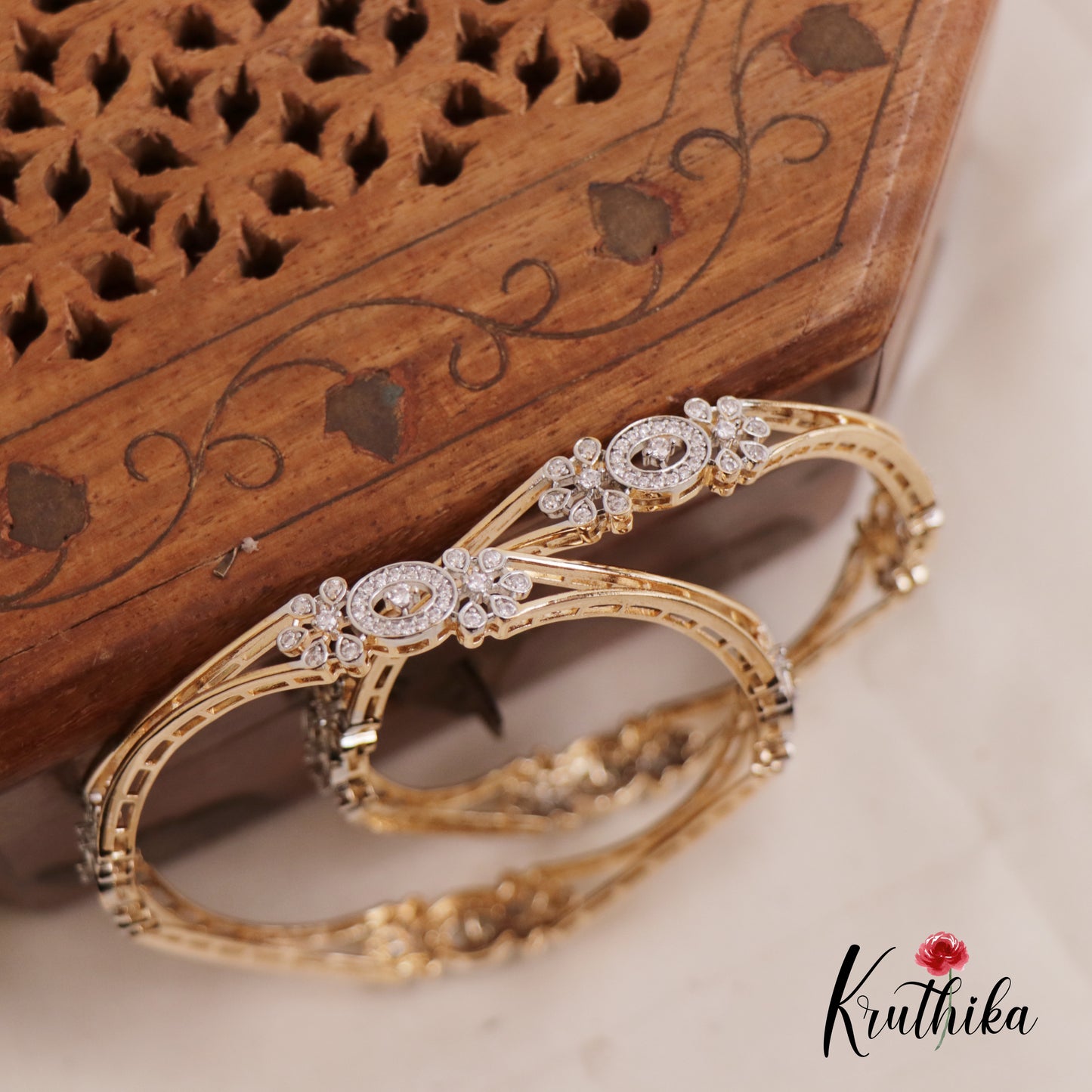 Beautiful AD Floral Sparkling Bangles B370 (Set of 2 Bangles)