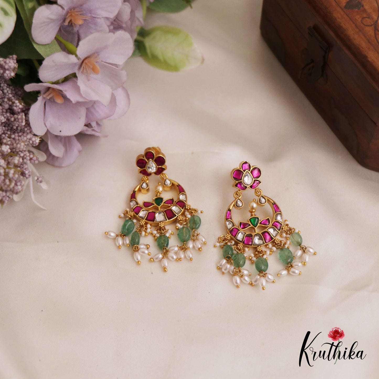 Stunning Floral Motifs Chandbali Jadau Earrings With Green Bead Drops E962