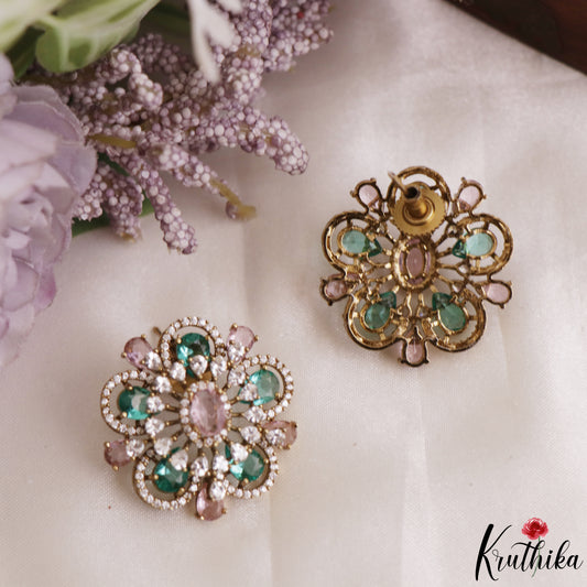 Elegant Floral Motifs CZ Victorian Stud Earrings E1199