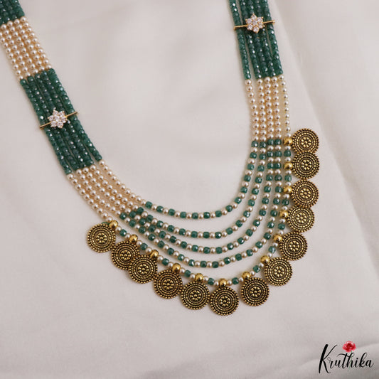 Emerald Green & Pearl Multi-Layer Coin Necklace LH2503