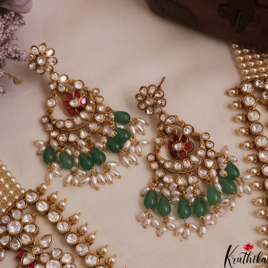 Gorgeous Floral Motifs Polki Victorian Jadau Haaram With Green Bead Drops LH2114