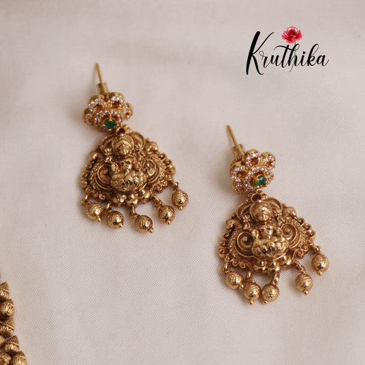 Pretty Lakshmi Peacock AD Long Necklace with Golden Beads Drops NC2207