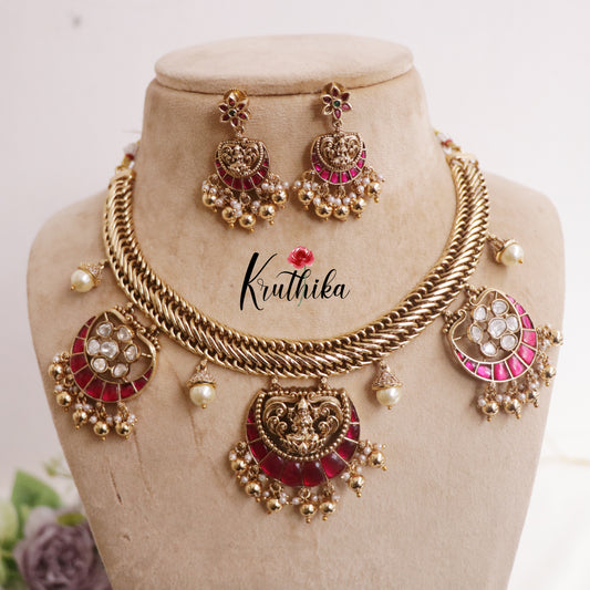 Beautiful Lakshmi Jadau Jalebi style Necklace with Chandbali Pendant Drops NC2256 (Available in 2 Colors)
