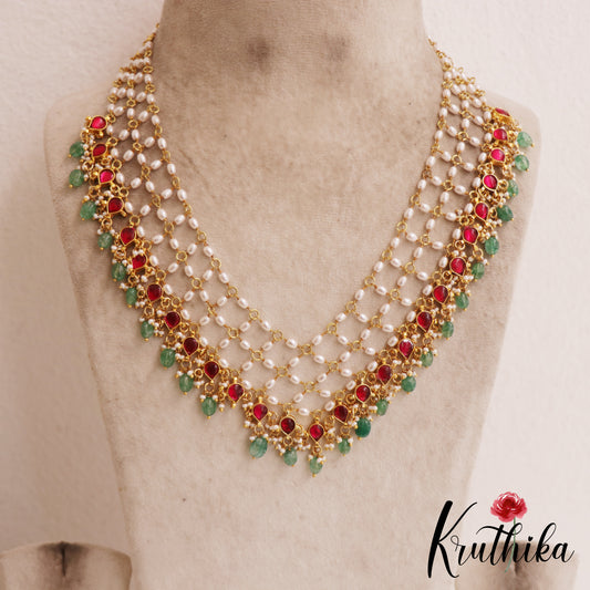 Elegant Teardrop Motifs Multi Strand Pearl Necklace With Green Bead Drops NC2859