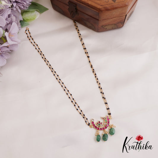 Classic Floral Motifs Jadau Mangalsutra With Green Bead Drops NC2676
