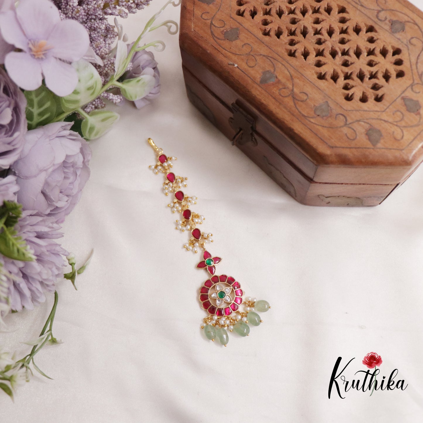 Gorgeous Jadau Maang Tikka with Pastel Green Beads 290