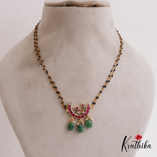 Classic Floral Motifs Jadau Mangalsutra With Green Bead Drops NC2676