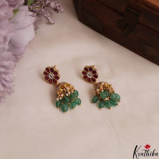 Elegant Floral Motifs Jadau Jhumkas With Green Bead Drops E1142