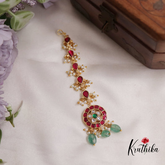 Gorgeous Jadau Floral Maang Tikka with Pastel Green Beads MT304