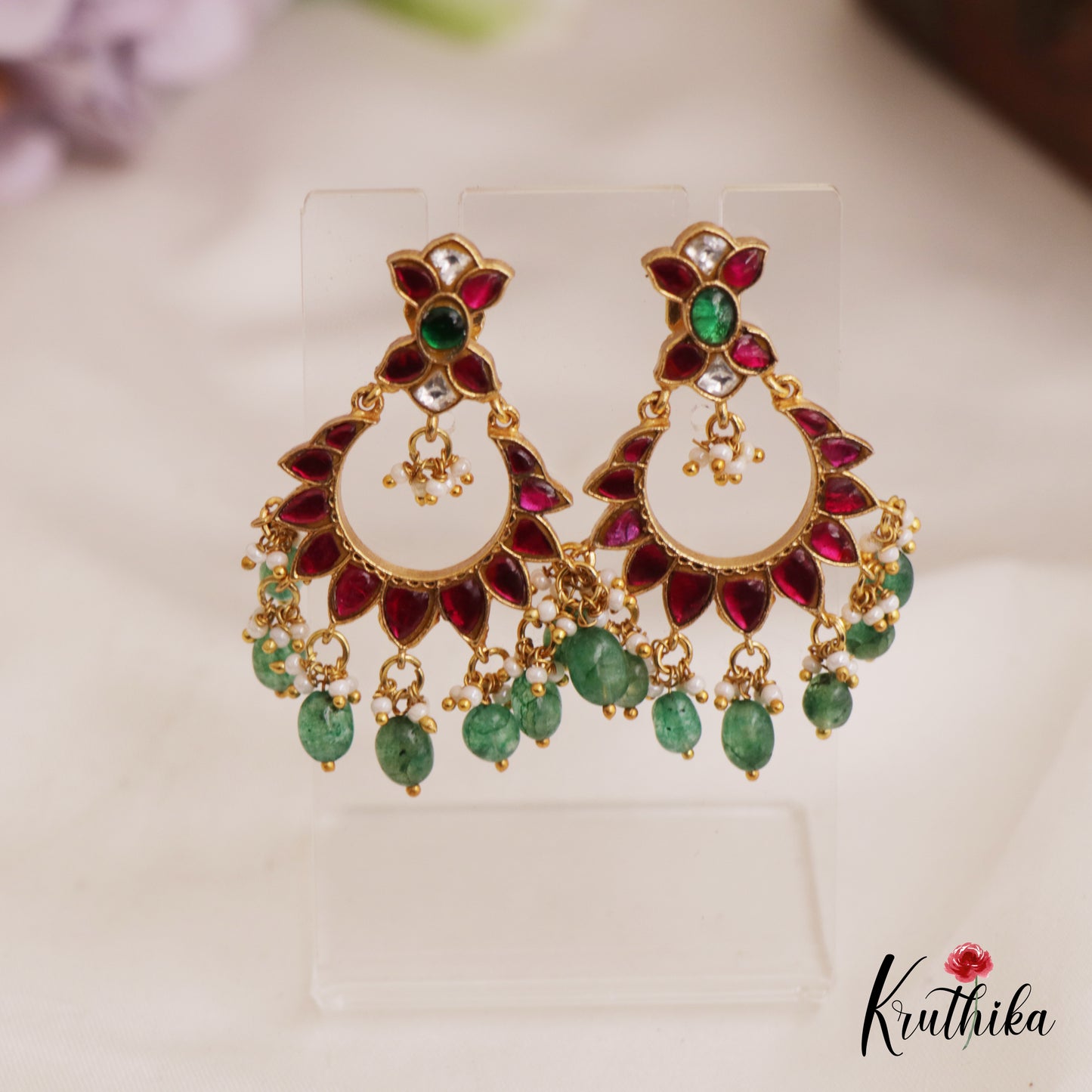 Gorgeous Floral Leaf Motifs Chandbali Jadau Earrings With Green Bead Drops E963