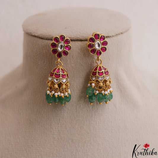 Elegant Floral Motifs Jadau Jhumkas With Green Bead Drops E1142