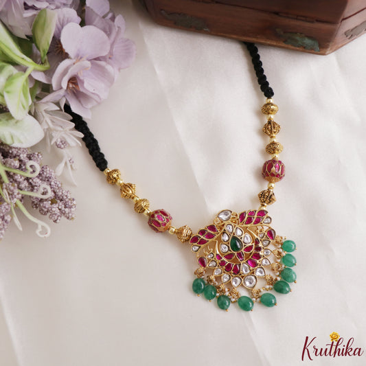Elegant Ruby Green Stone Jadau Pendant Mangalsutra with Green Bead Drops NC3314