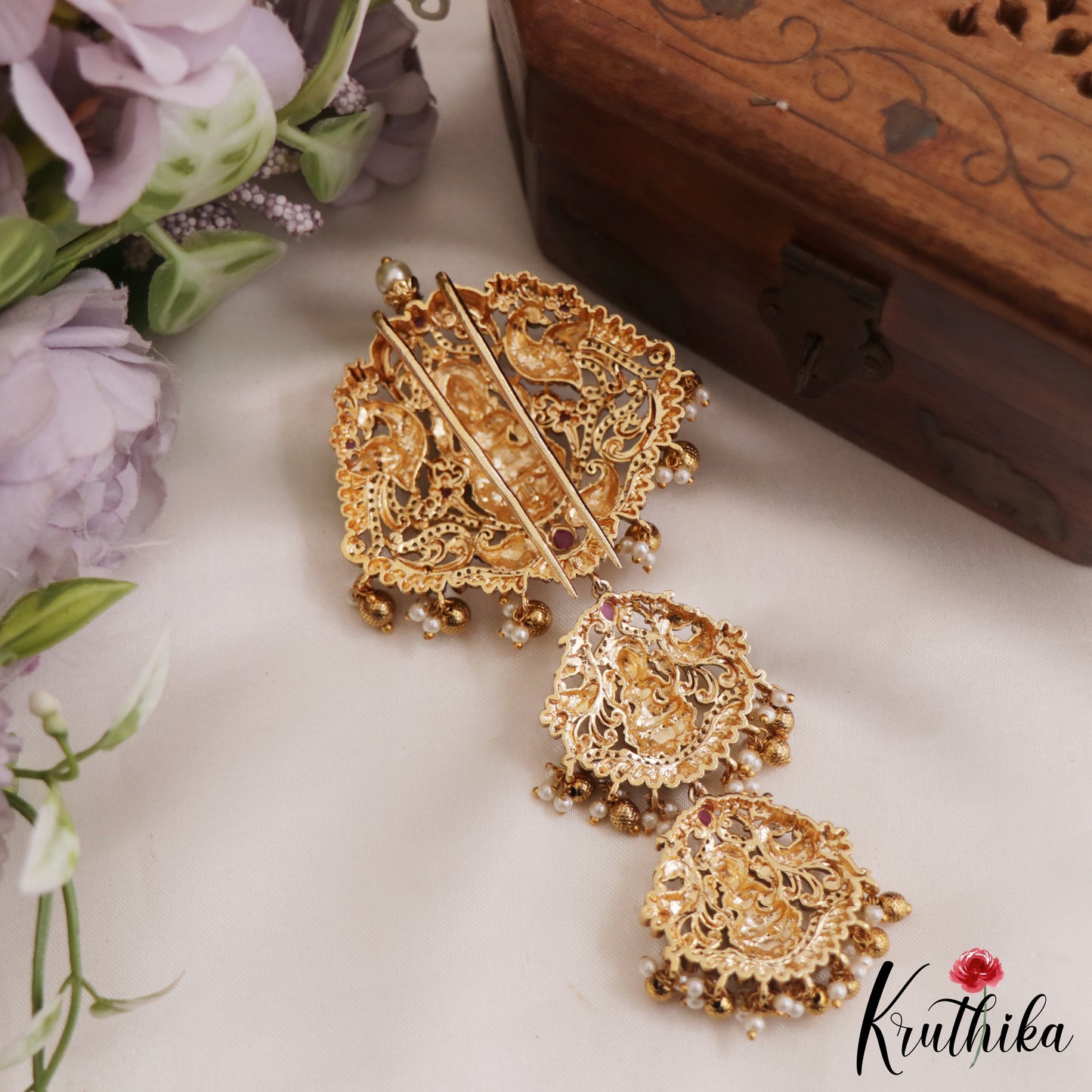 Premium Antique Lakshmi Motifs Jada Billa With Golden Bead And Pearl Drops J319