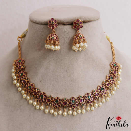 Pretty Floral Motifs Jadau Choker With Pearl Drops NC2971