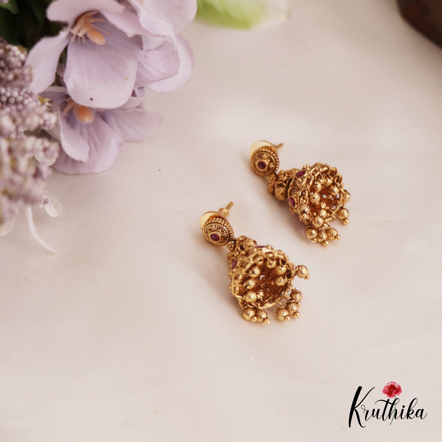 Elegant Antique Peacock Motifs Kemp Jhumka With Golden Bead Drops E984