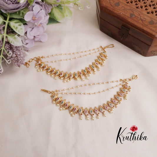 Classic Three Layer Multi Stone Earchains with Pearl Drop EC109