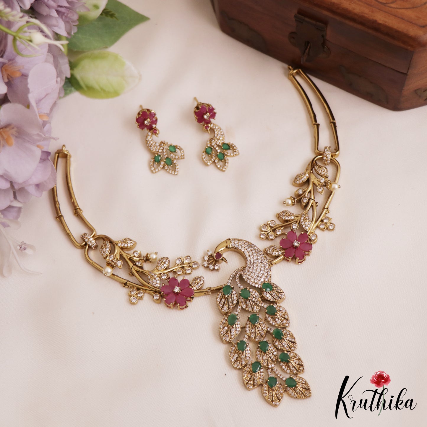 Classic Peacock Floral Motifs AD hasli necklace NC2777