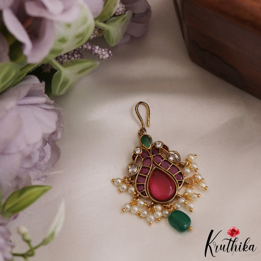 Trendy Peacock Teardrop Motifs Jadau Maang Tikka With Pearl Drops MT344 (Available In 2 Colors)