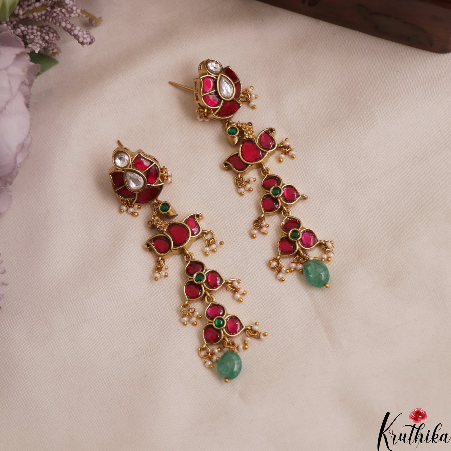 Classic Floral Peacock Motifs Jadau Earrings With Green Bead Drop E1144