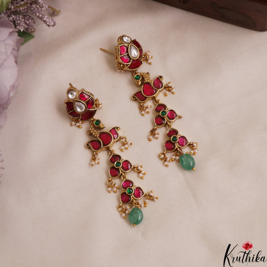 Classic Floral Peacock Motifs Jadau Earrings With Green Bead Drop E1144