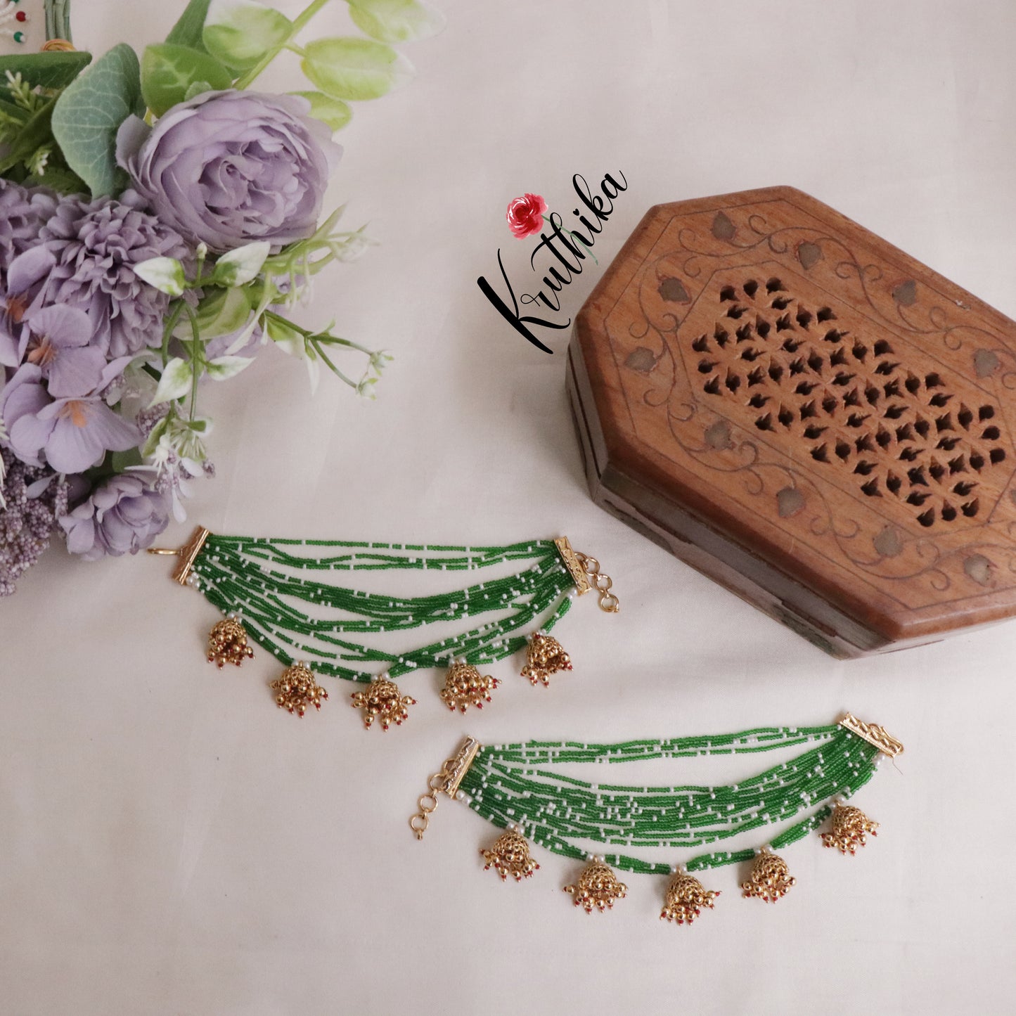 Beautiful Handcrafted Emerald Earchain with Jhumka Drop EC118