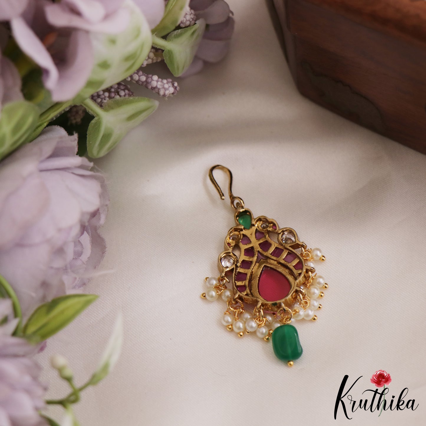 Trendy Peacock Teardrop Motifs Jadau Maang Tikka With Pearl Drops MT344 (Available In 2 Colors)